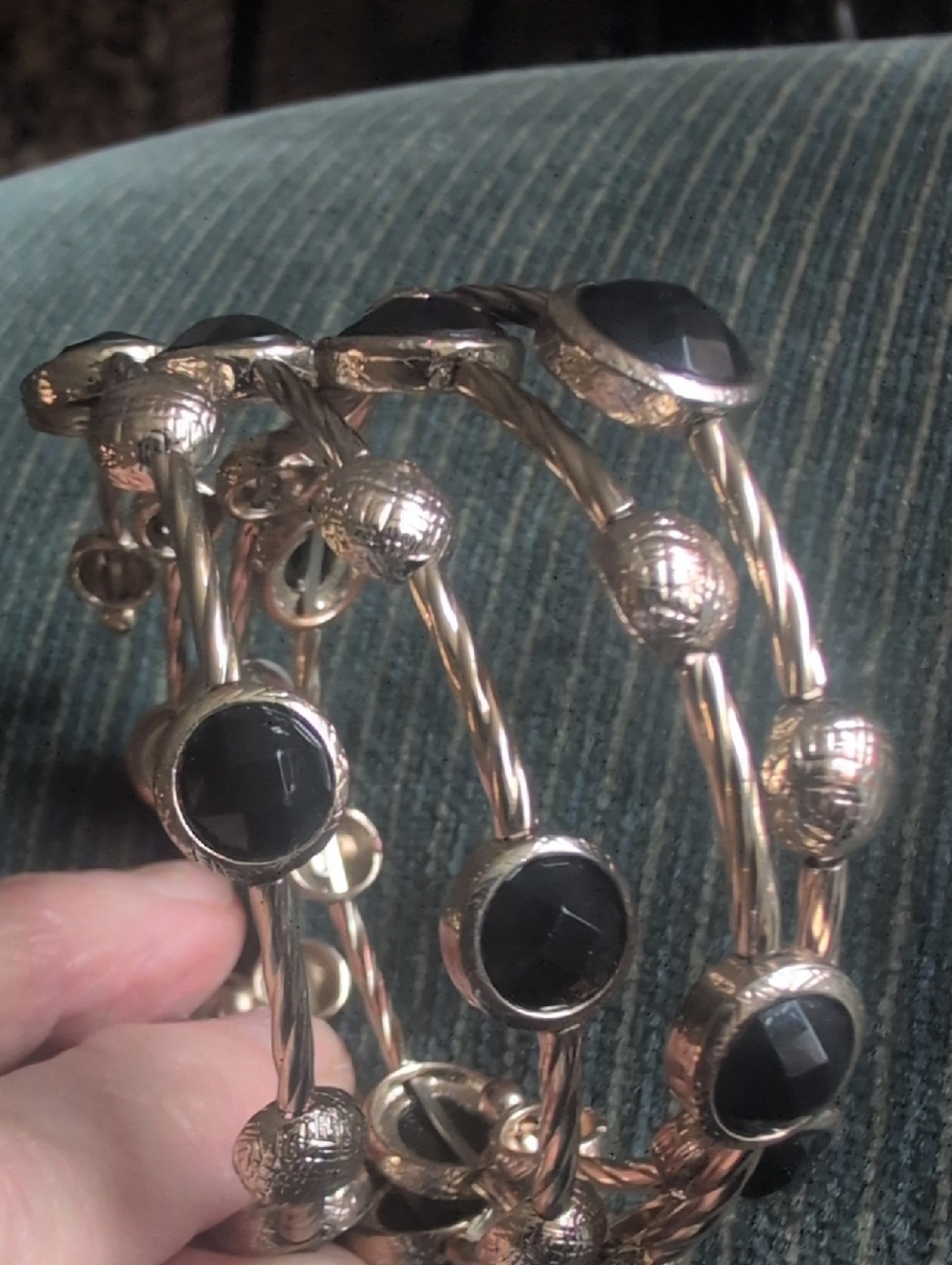 VTG Gold-Tone Multi-Row Coiled Bracelet with Black Faceted Stones